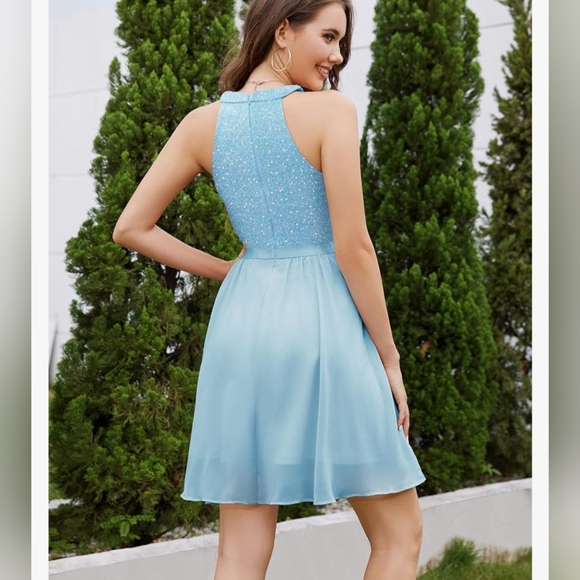 High neck sequin tulle cocktail dress homecoming dress prom dress light blue ice - Picture 3 of 6